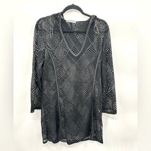 BLUE ISLAND Black crochet woman beach lightweight hooded loungewear swim cover L